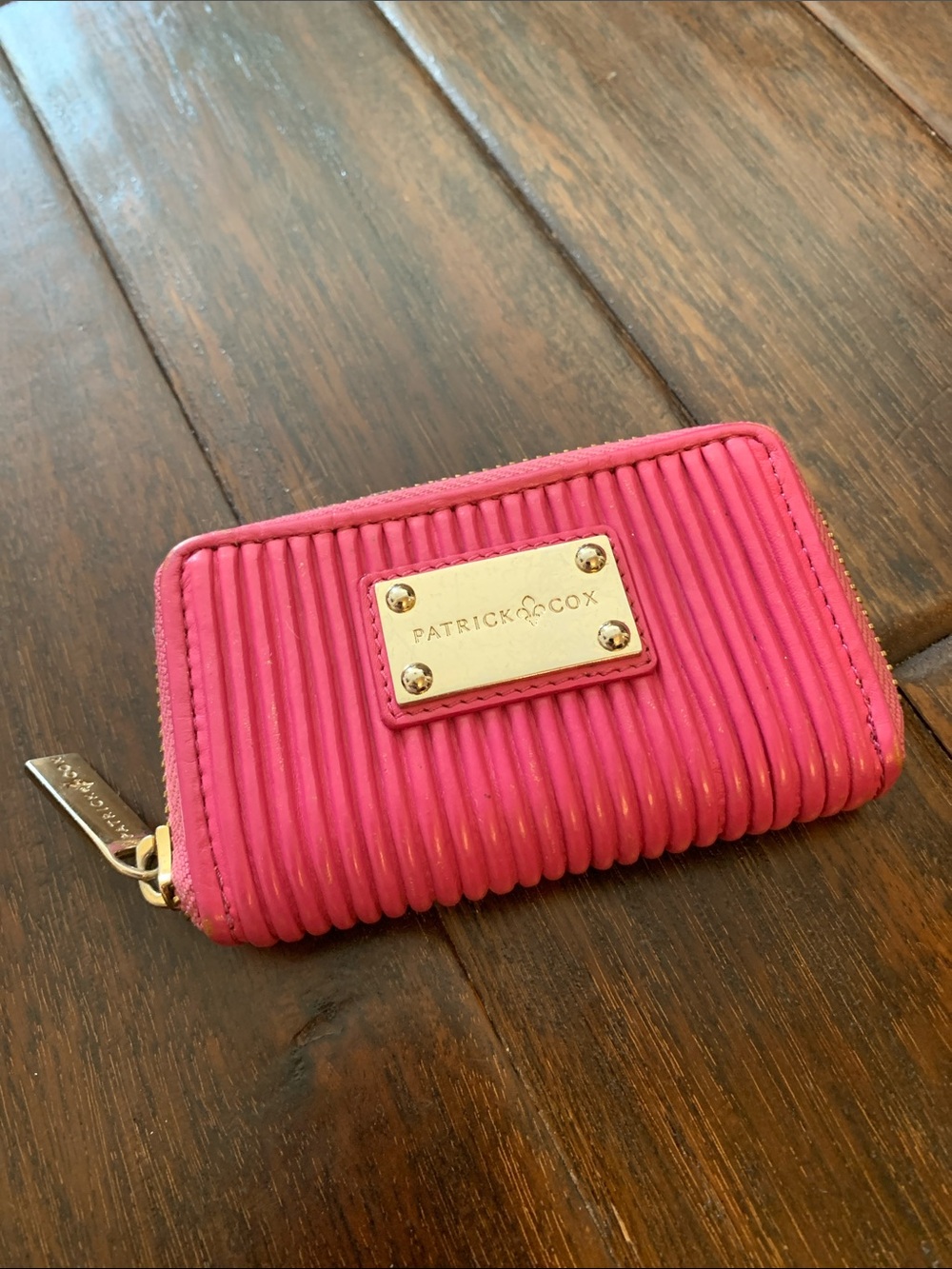 Patrick Cox Hot Pink Ribbed Zip Wallet with Gold Plate